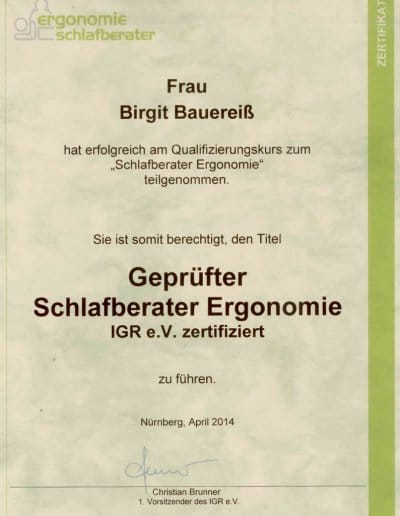 Zertifikat geprüfte Schlafberaterin Ergonomie Birgit Bauereiß