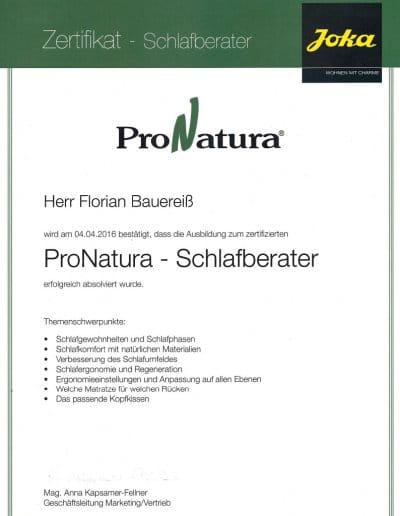 ProNatura Zertifikat Schlafberater Florian Bauereiß