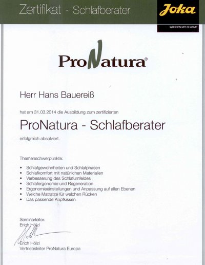 ProNatura Zertifikat Schlafberater Hans Bauereiß