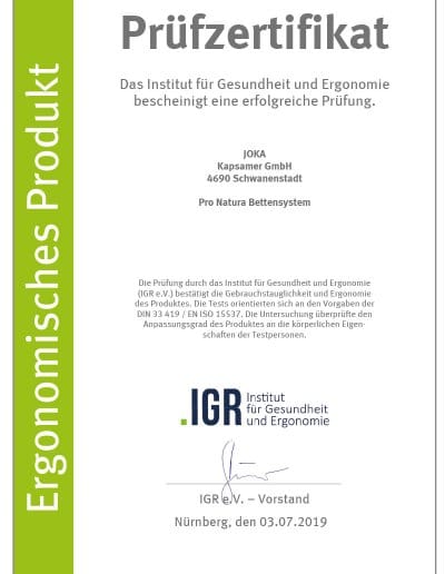 Prüfzertifikat Institut für Gesundheit und Ergonomie IGR für ProNatura Bettensystem