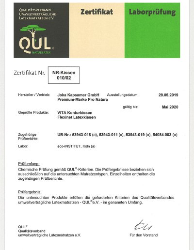 QUL-Zertifikat für VITA Konturkissen und Flexinet Latexkissen von ProNatura