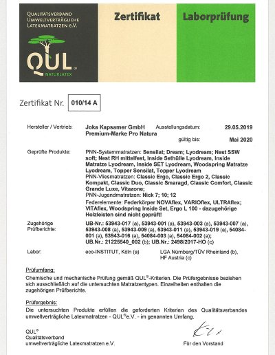 QUL-Zertifikat für Systemmatratzen und Federlemente von ProNatura