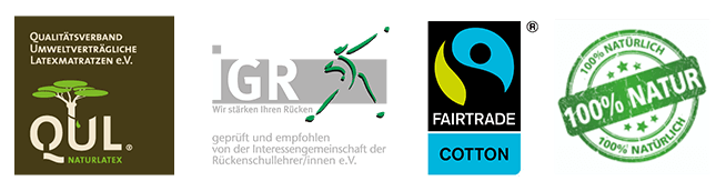 QUL-, iGR-Logo, Fairtrade-Logo und 100% Natürlich Signet